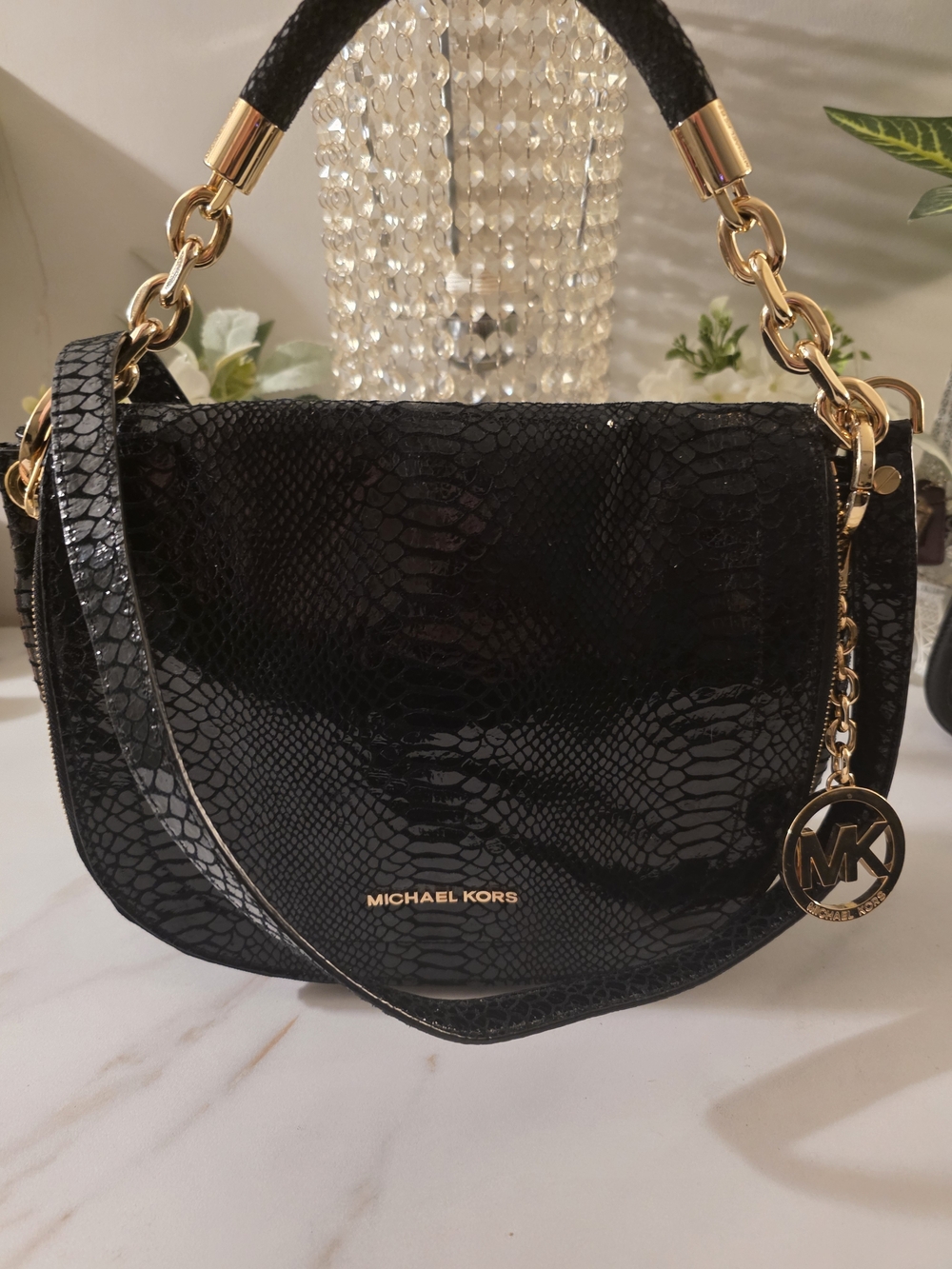 Michael Kors Black Snake-Embossed Leather Shoulder Bag Premium Line